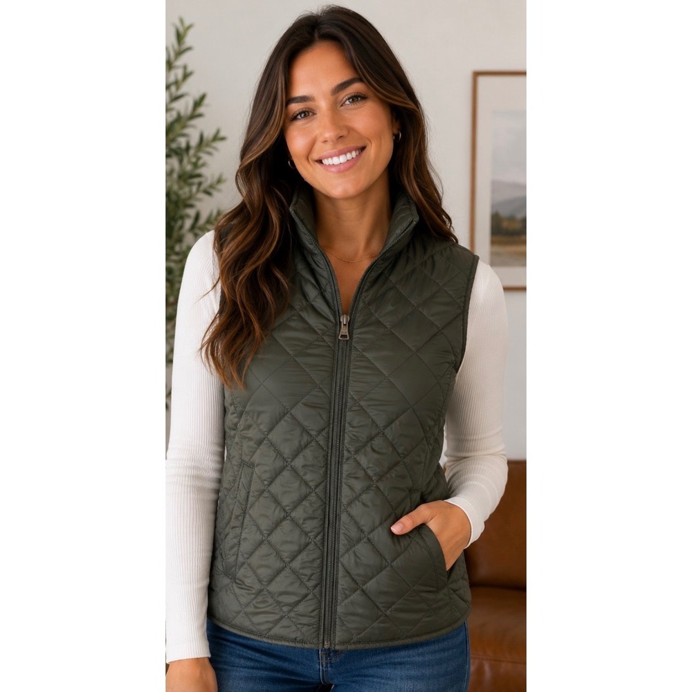 Weatherproof Vintage Womens Quilted Puffer Vest Olive Green Full Zip Large